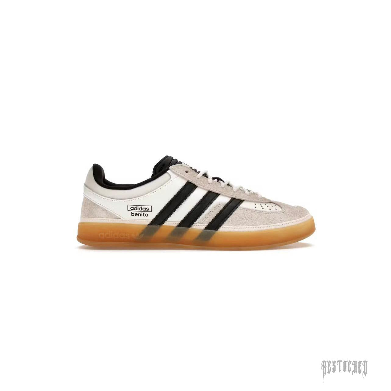 Adidas Gazelle Indoor Bad Bunny "Core White" sneaker with black stripes, suede upper, and gum sole.