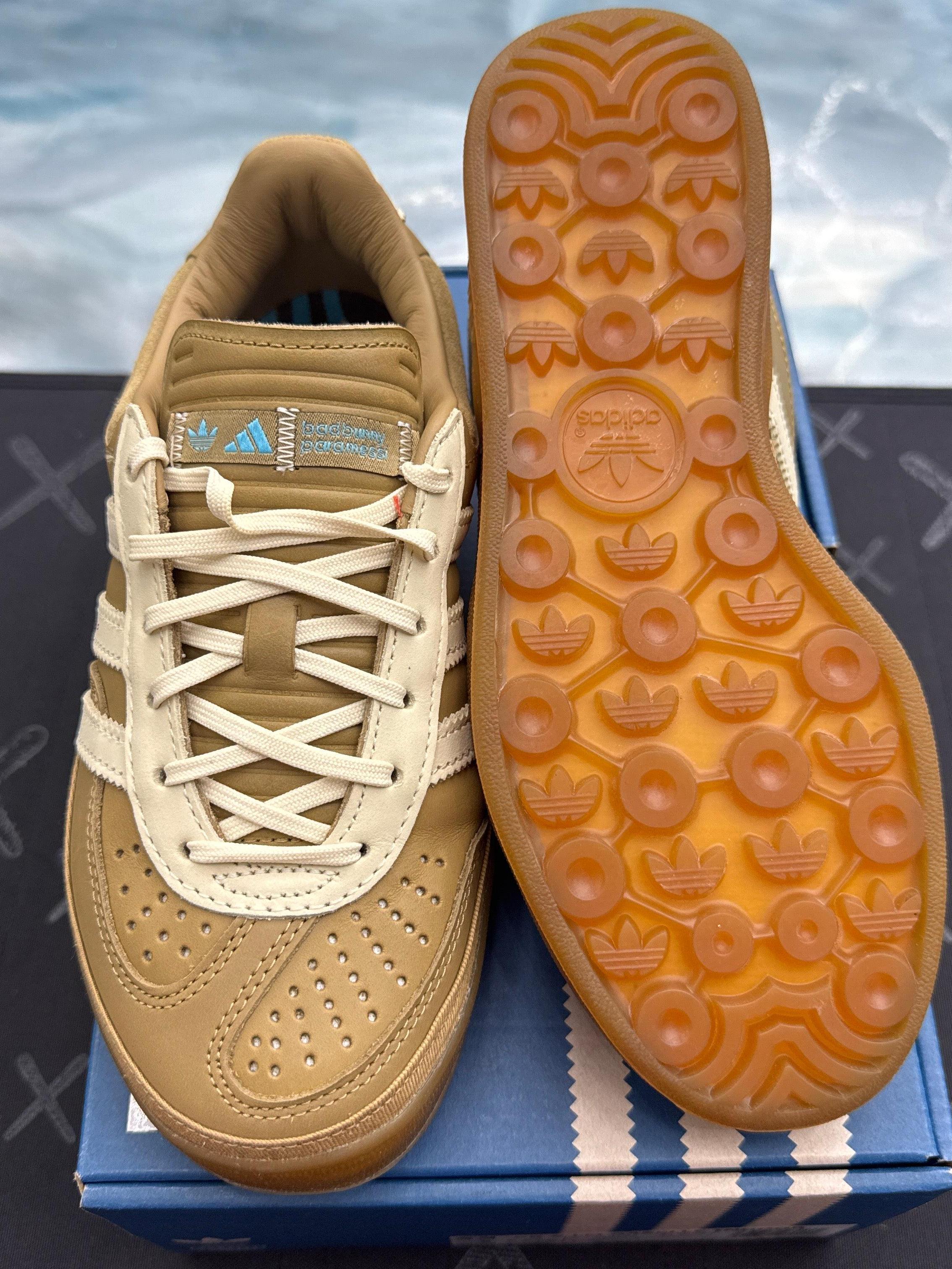 Pre-owned Adidas Gazelle Indoor Bad Bunny x Messi size 4.5, tan leather and cream suede with gum sole.