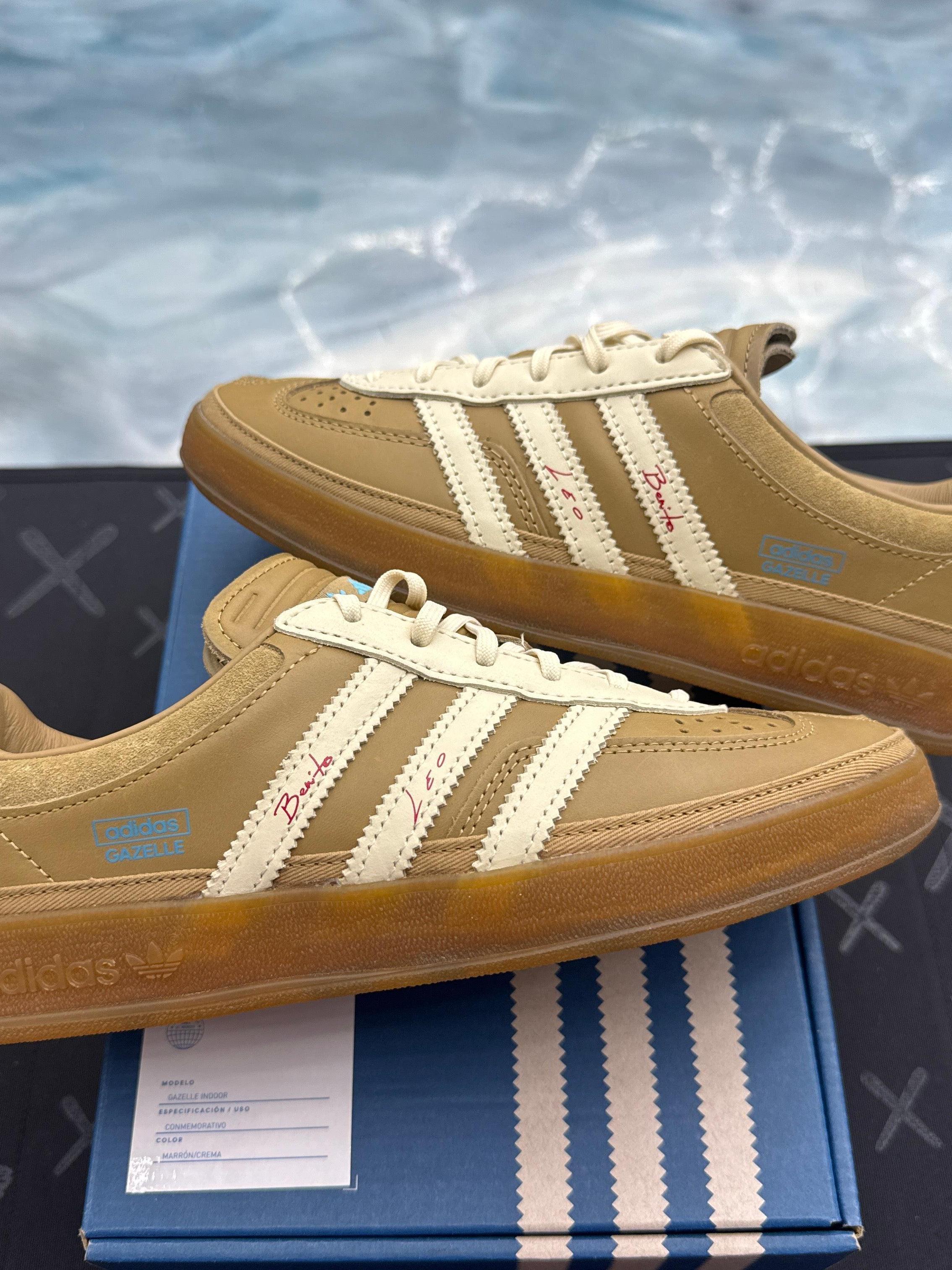 Pre-owned Adidas Gazelle Indoor Bad Bunny x Messi sneakers, size 4.5, in tan with white stripes and brown gum sole.