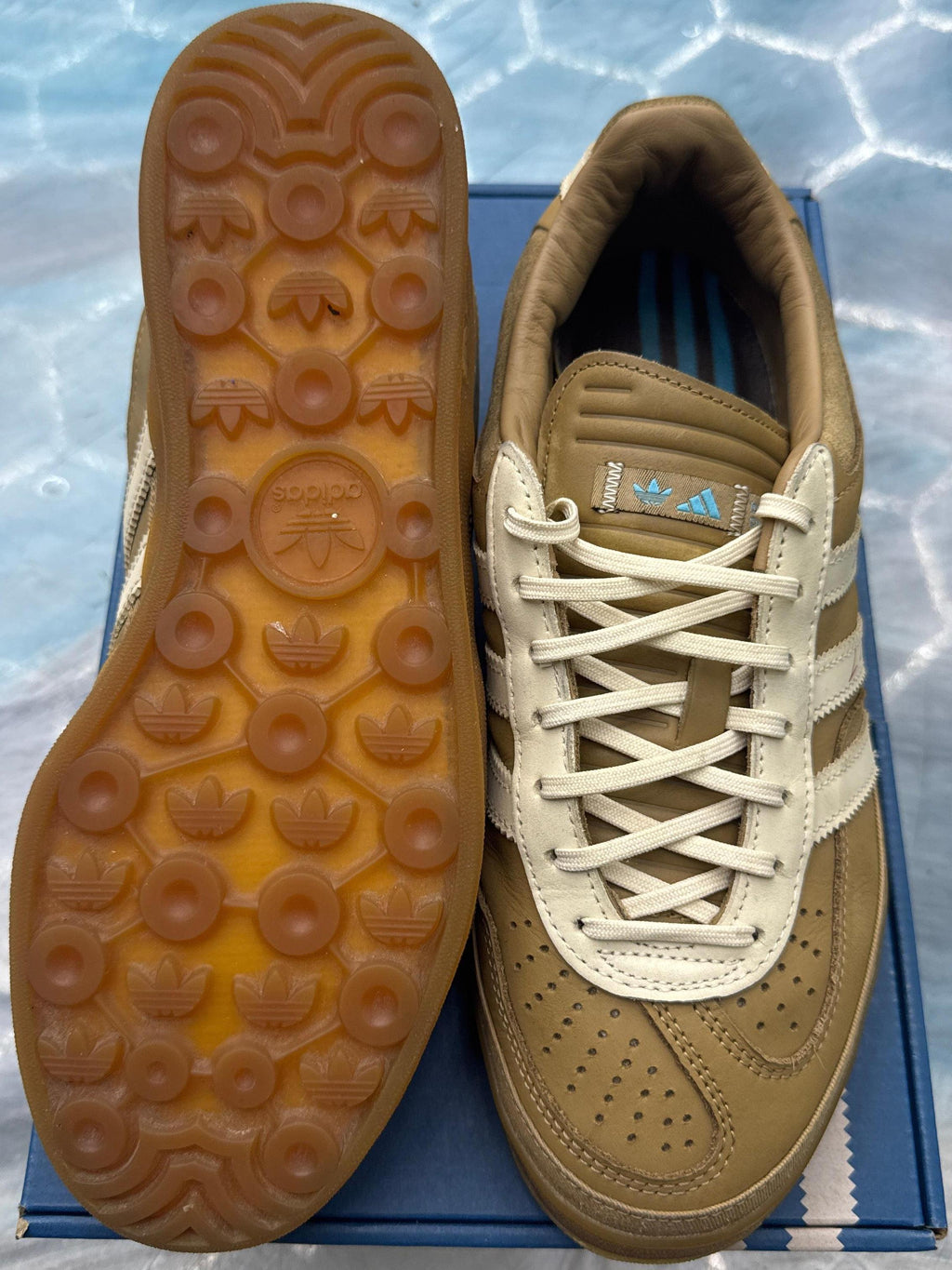 Pre-owned Adidas Gazelle Indoor Bad Bunny x Messi size 9, brown leather with white stripes and gum sole.