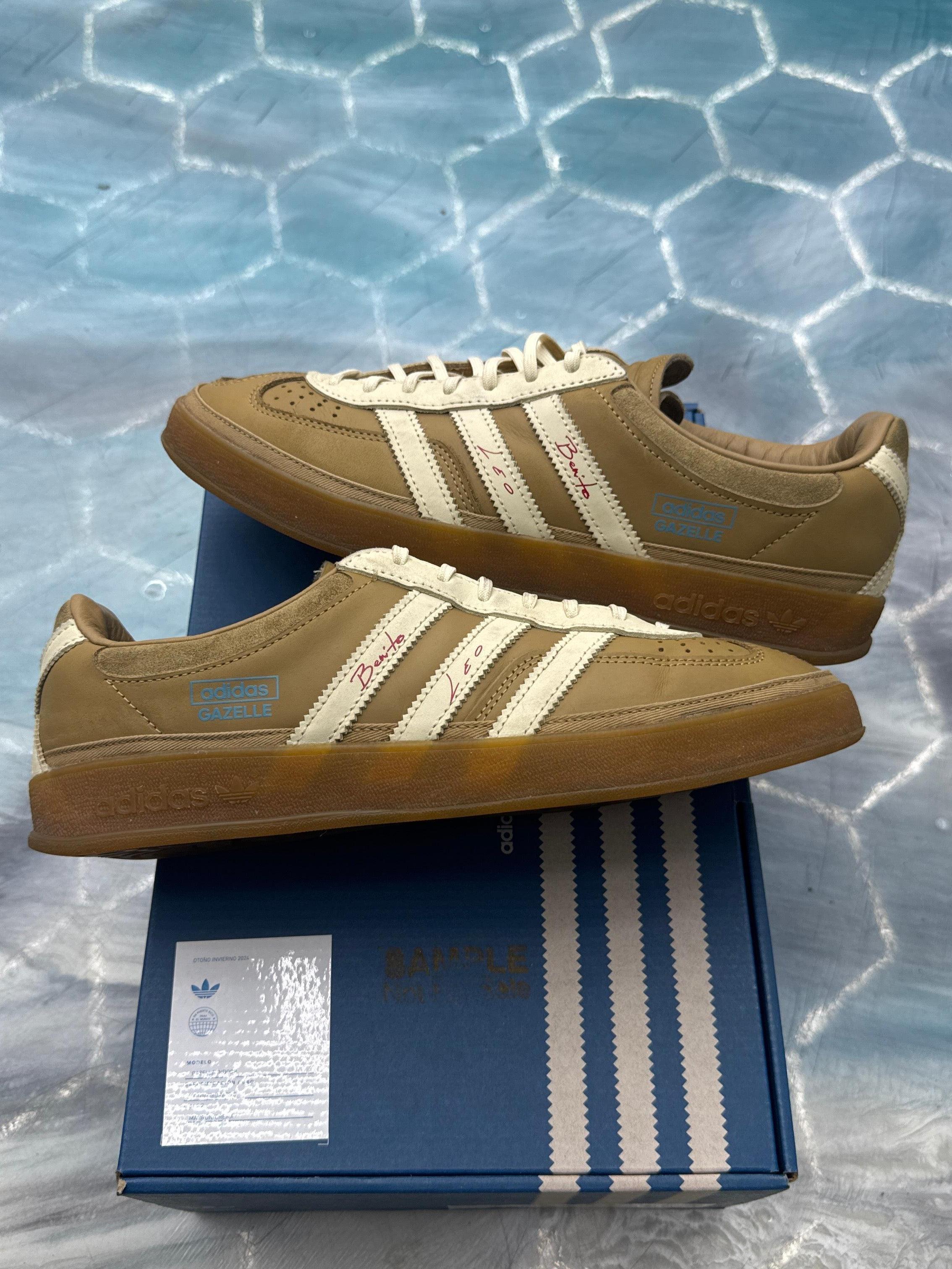 Pre-owned Adidas Gazelle Indoor Bad Bunny x Messi size 9, brown suede with white stripes and gum sole.