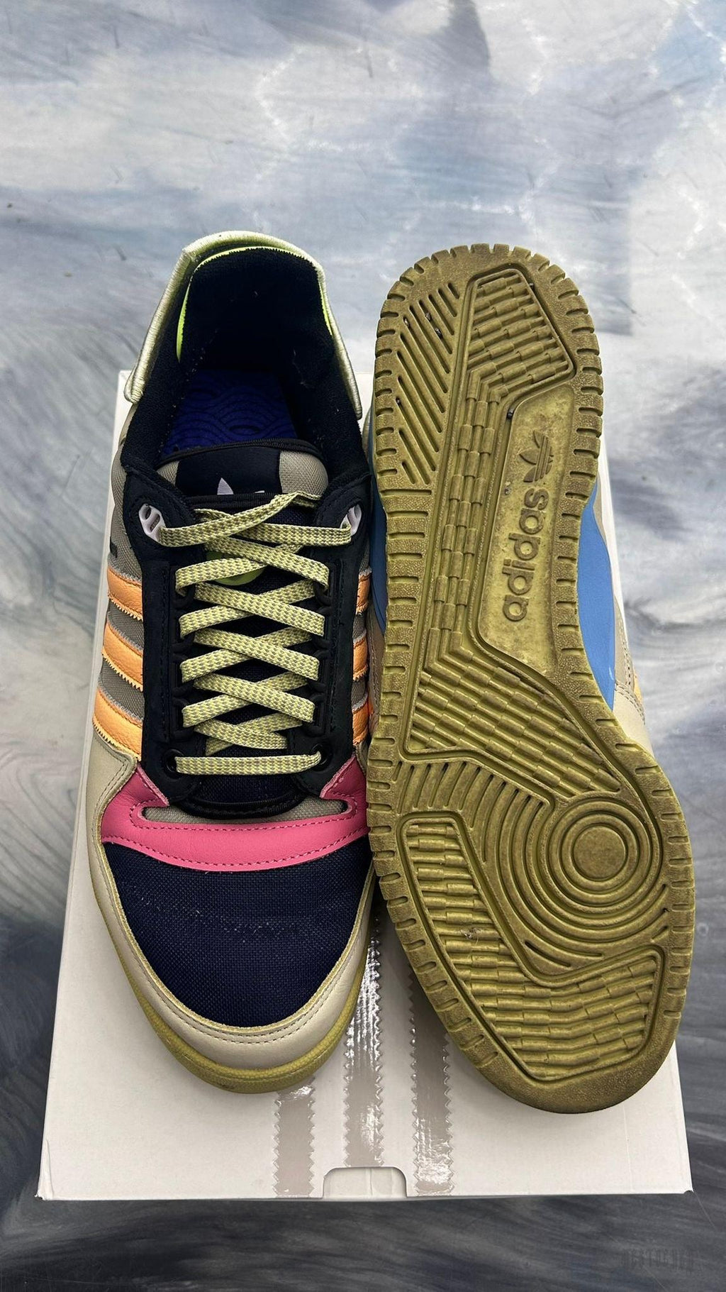 Adidas Powerphase Bad Bunny Benito pre-owned size 11.5, multi-color leather and textile, with a gum sole.