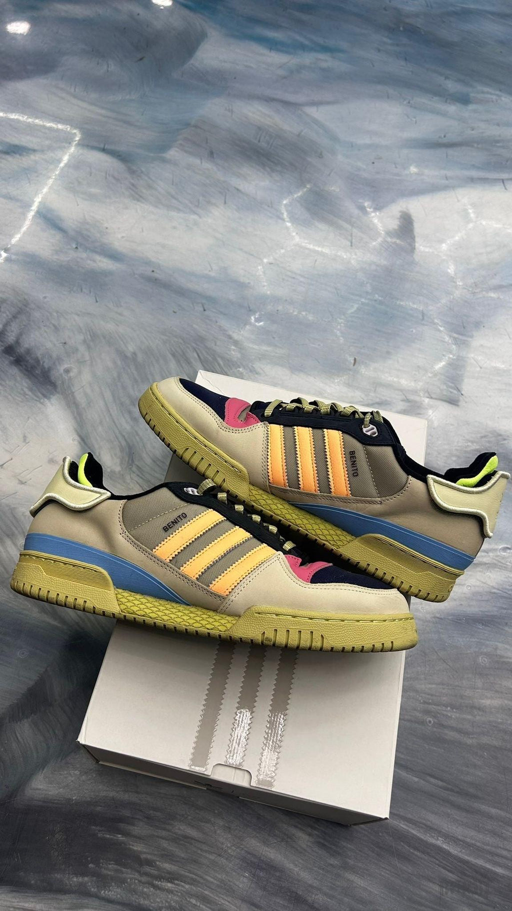 Pre-owned Adidas Powerphase Bad Bunny Benito size 11.5 sneakers with tan, orange, blue, and pink accents.