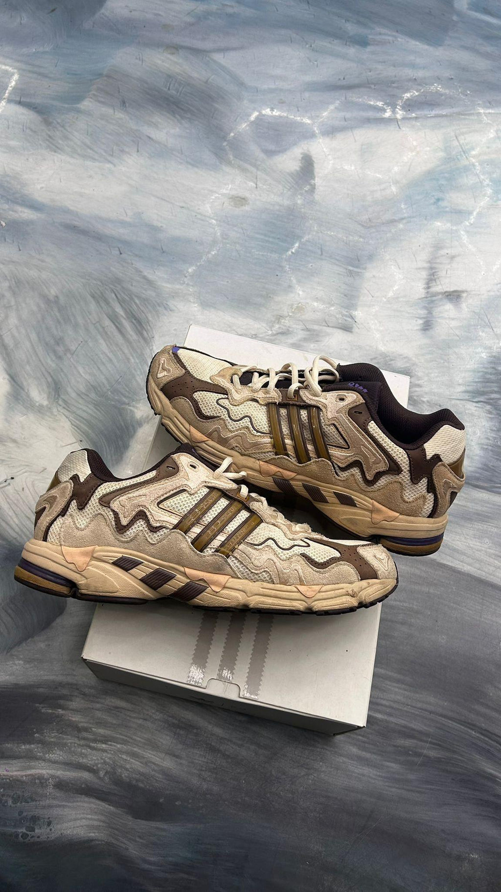 Pre-owned Adidas Response CL Bad Bunny Paso Fino sneakers, size 12, with tan, brown, and purple accents.