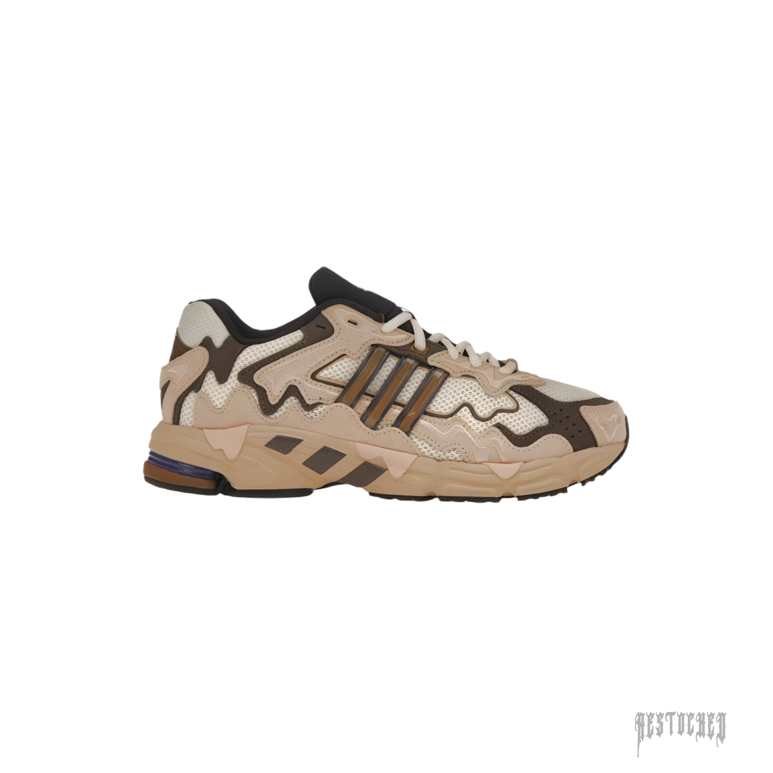 Adidas Response CL Bad Bunny Paso Fino sneaker with desert-inspired tan mesh, brown leather overlays, and purple accents.