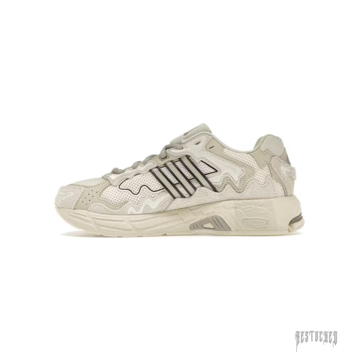Adidas Response CL Bad Bunny "Wonder White" sneaker, featuring a cream mesh and suede upper with dark grey stripes.