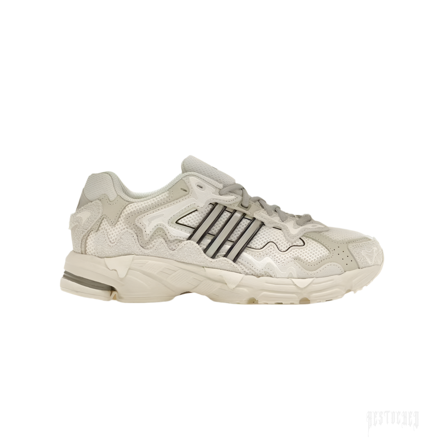 Adidas Response CL Bad Bunny "Wonder White" sneaker, light beige and off-white with dark gray stripes.