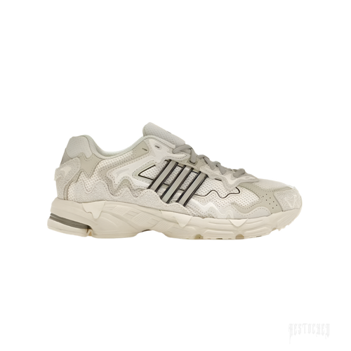 Adidas Response CL Bad Bunny "Wonder White" sneaker, light beige and off-white with dark gray stripes.