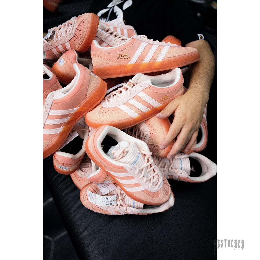 ADIDAS X BAD BUNNY GAZELLE INDOOR "CABO ROJO" sneakers in peach suede with white stripes and translucent orange soles.