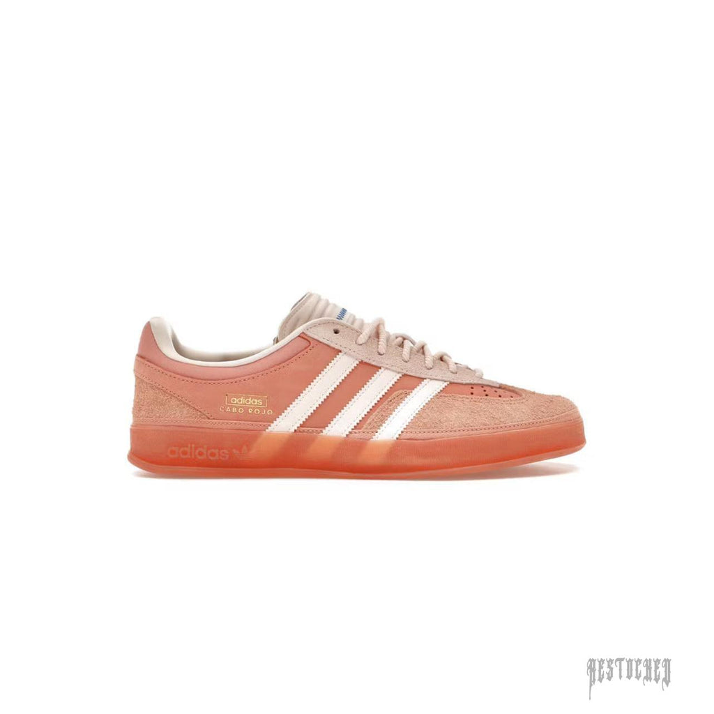 Adidas x Bad Bunny Gazelle Indoor "Cabo Rojo" sneaker, peach suede and leather with white stripes and translucent sole.