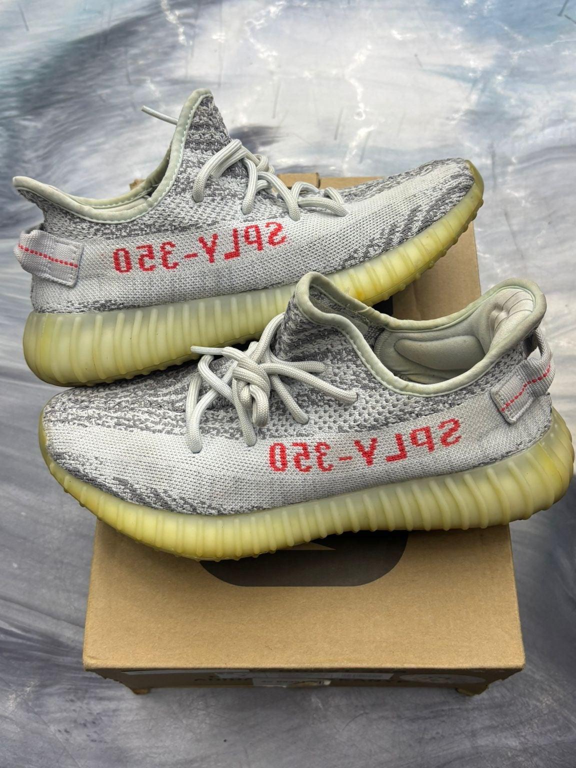 Pre-owned ADIDAS YEEZY 350 V2 Blue Tint sneakers, size 7, with grey knit upper, red "SPLY-350" text, and yellow translucent sole.