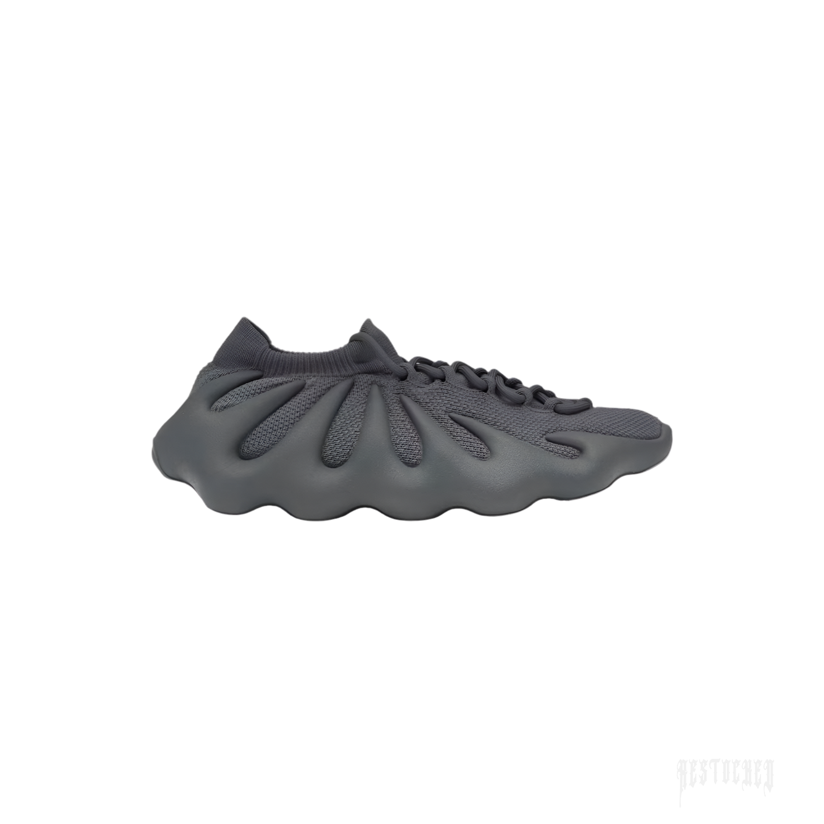 Adidas Yeezy 450 Stone Teal sneaker with a dark grey knit upper and unique wavy sole.