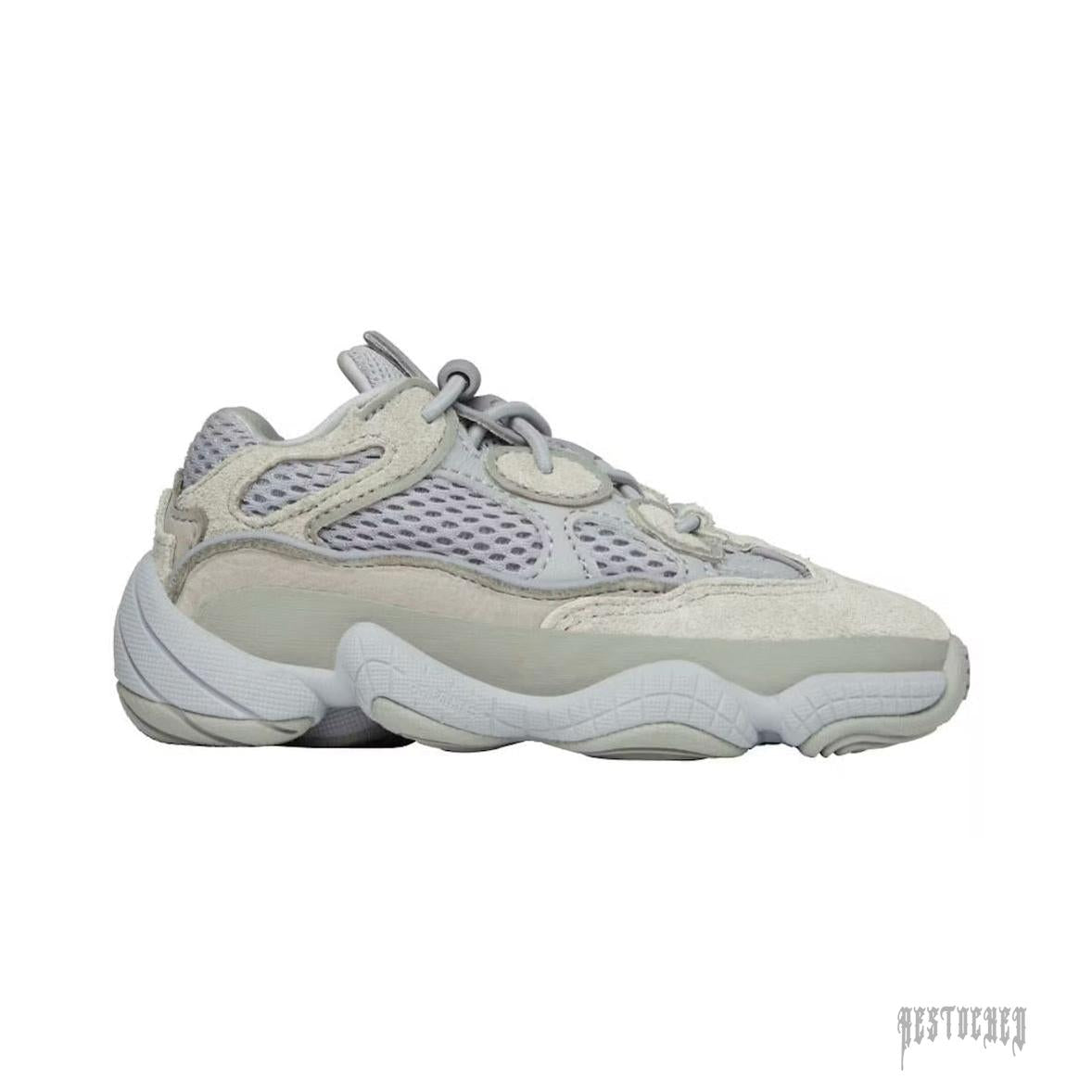 Infants' ADIDAS YEEZY 500 Stone Salt sneaker with light grey mesh, suede, and a chunky sole.