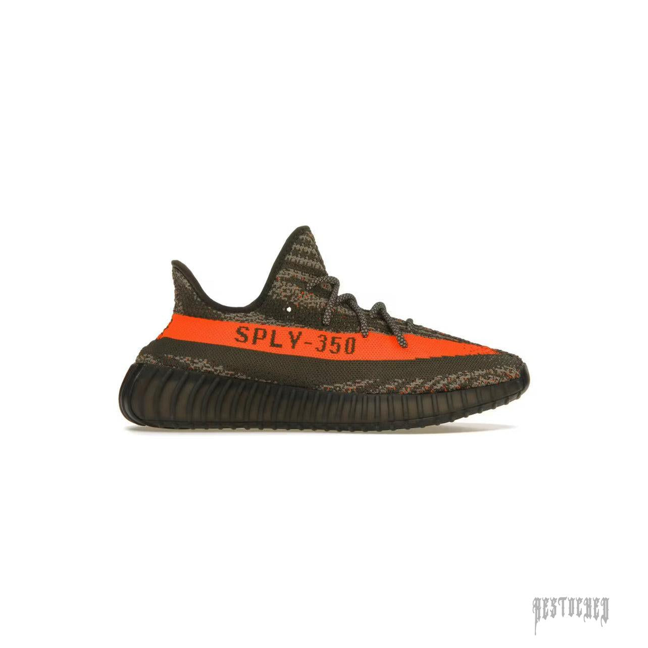 ADIDAS YEEZY BOOST 350 V2 CARBON BELUGA sneaker, dark olive Primeknit with bold orange SPLY-350 stripe.