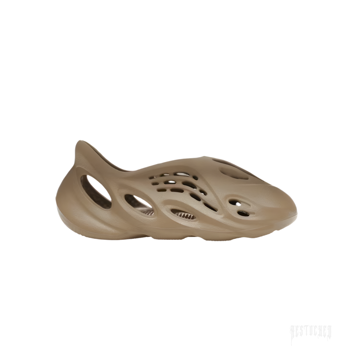 ADIDAS YEEZY FOAM RNR STONE TAUPE, a single taupe-colored foam clog with an ergonomic, perforated design.