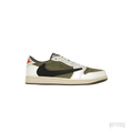 AJ 1 Low Travis Scott Medium Olive sneaker with reverse swoosh, olive green, black, sail, and muslin.