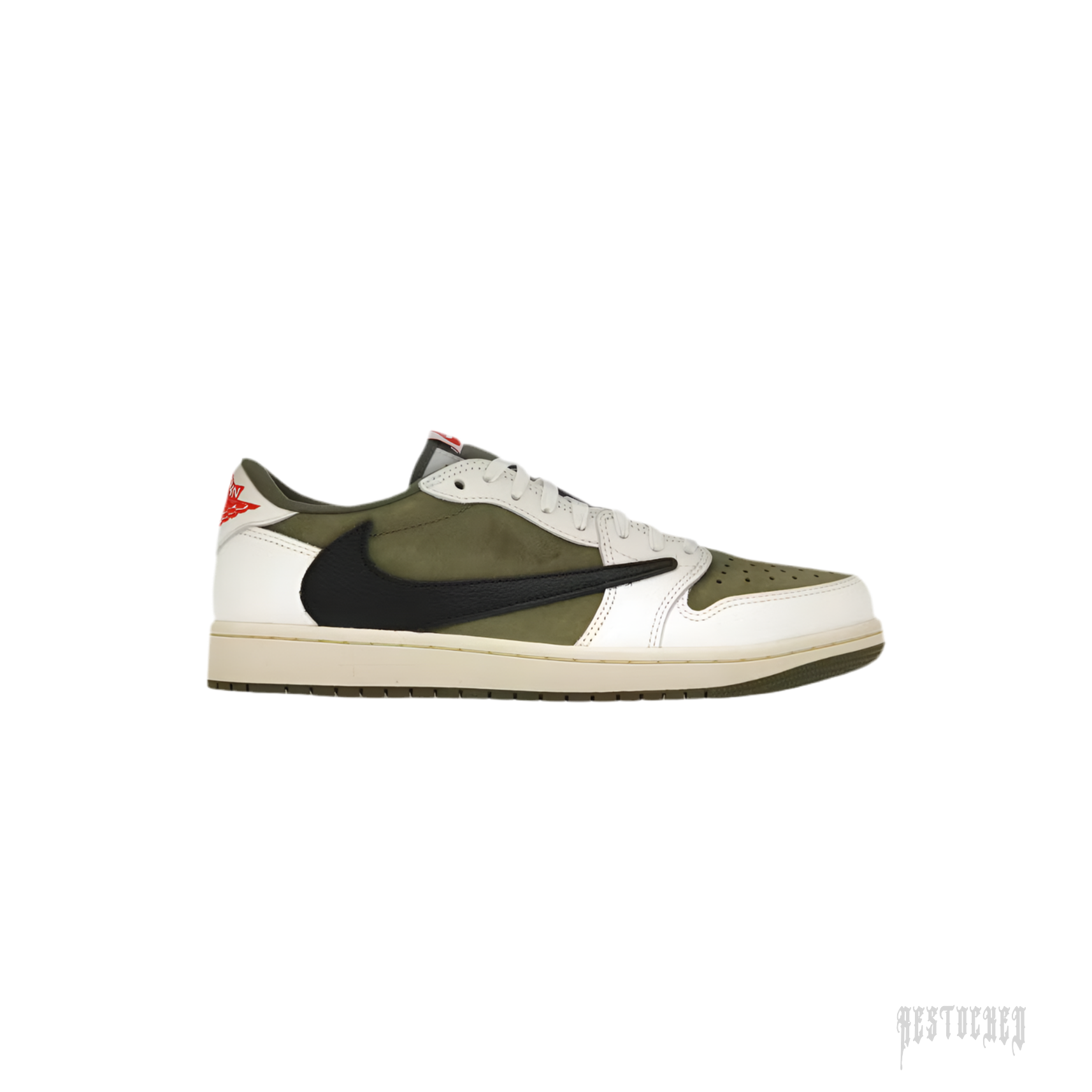 AJ 1 Low Travis Scott Medium Olive sneaker with reverse swoosh, olive green, black, sail, and muslin.