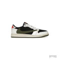 AJ 1 Low Travis Scott Olive women's sneaker with white leather, black nubuck, and olive reverse Swoosh.
