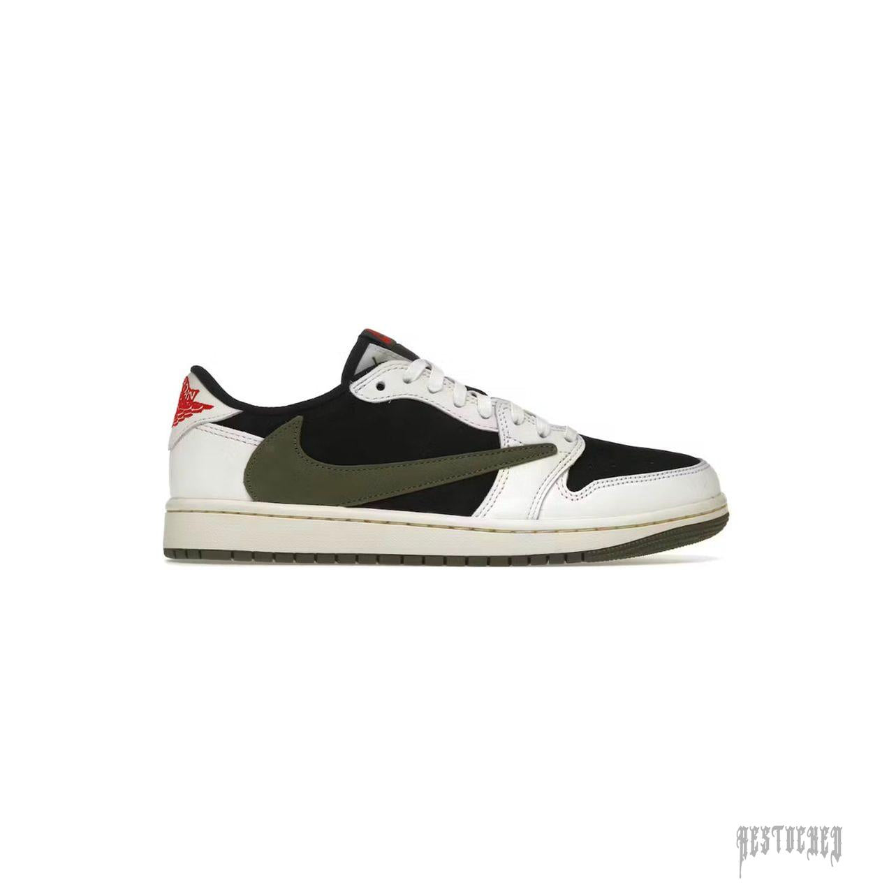 AJ 1 Low Travis Scott Olive women's sneaker with white leather, black nubuck, and olive reverse Swoosh.