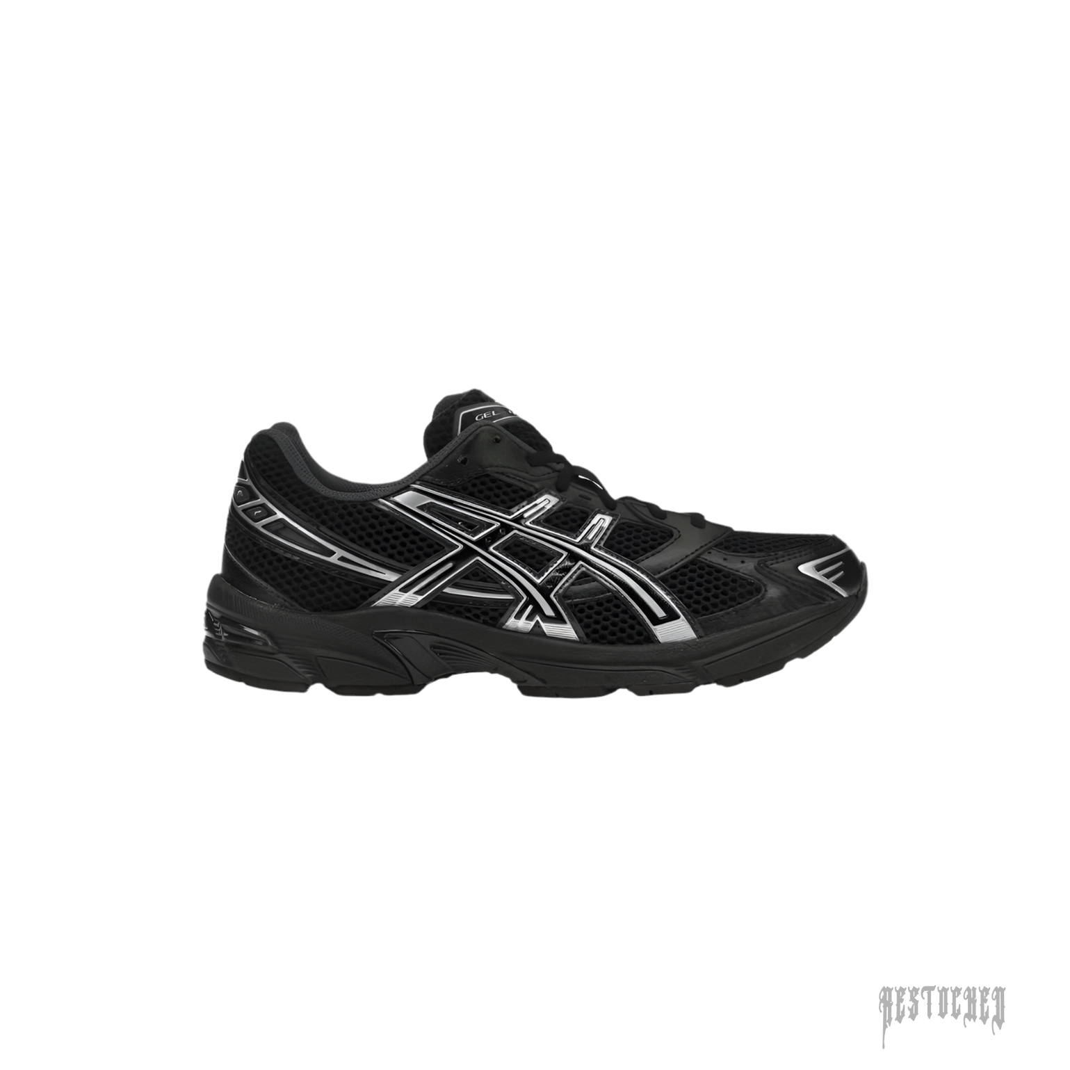 ASICS GEL-1130 Black Pure Silver sneakers with mesh upper, polished silver stripes, and chunky rubber sole.