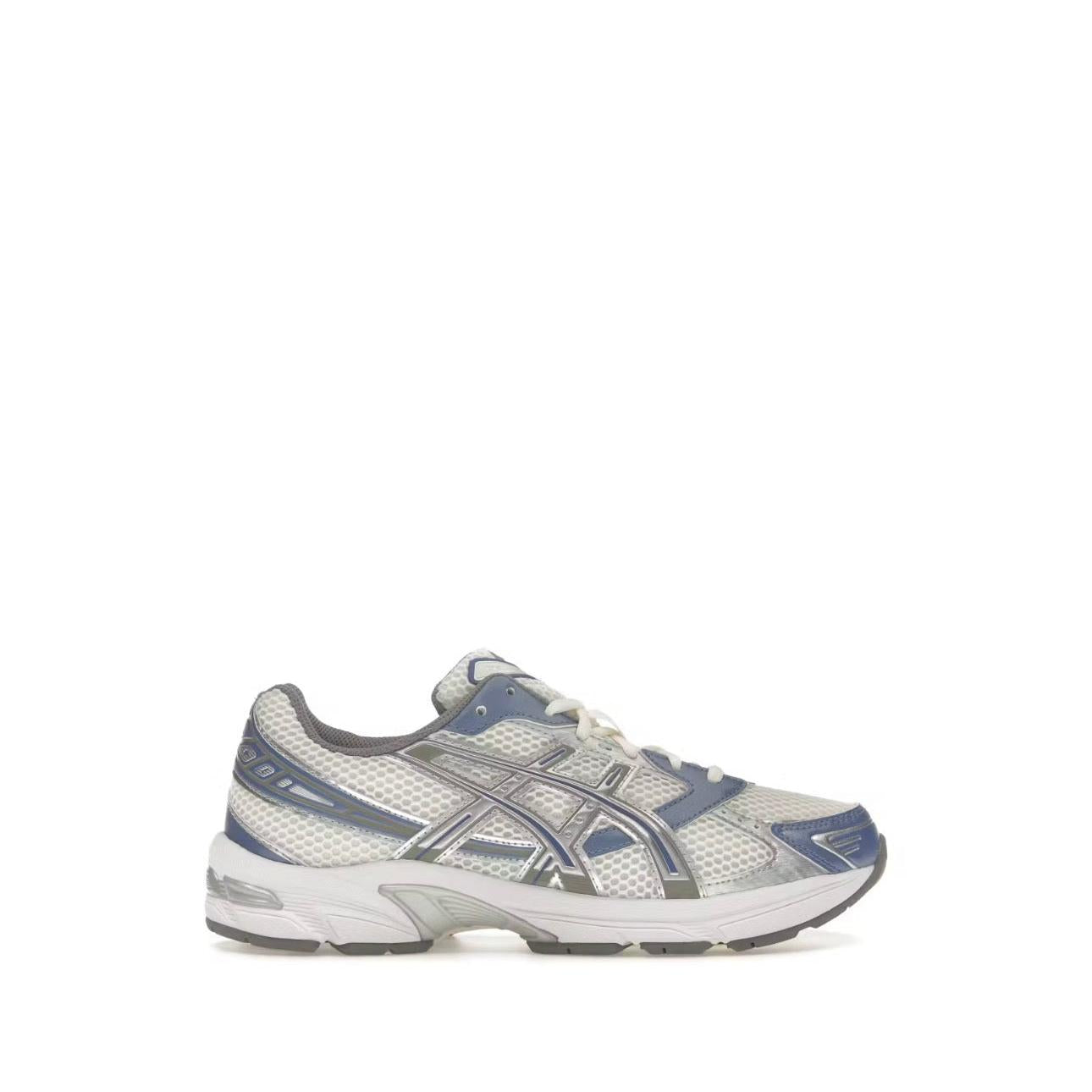 ASICS GEL-1130 sneaker in cream mesh with metallic silver and blueberry blue accents.