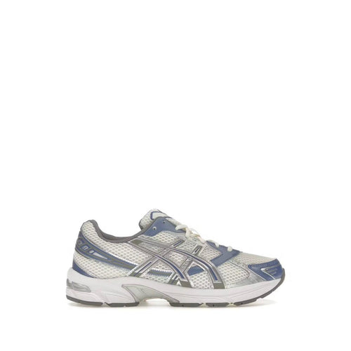 ASICS GEL-1130 sneaker in cream mesh with metallic silver and blueberry blue accents.