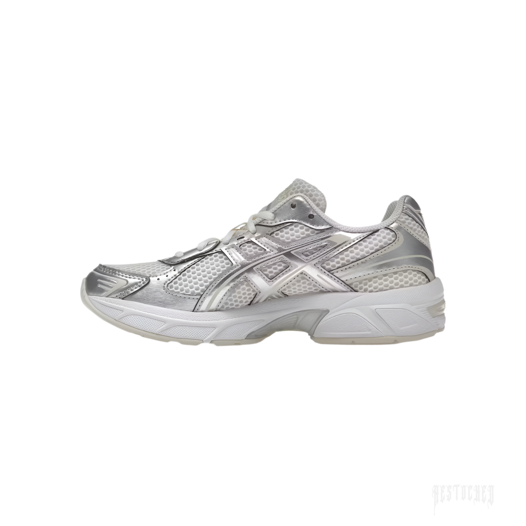 ASICS GEL-1130 women's sneaker in cream mesh with pure silver overlays and white sole.