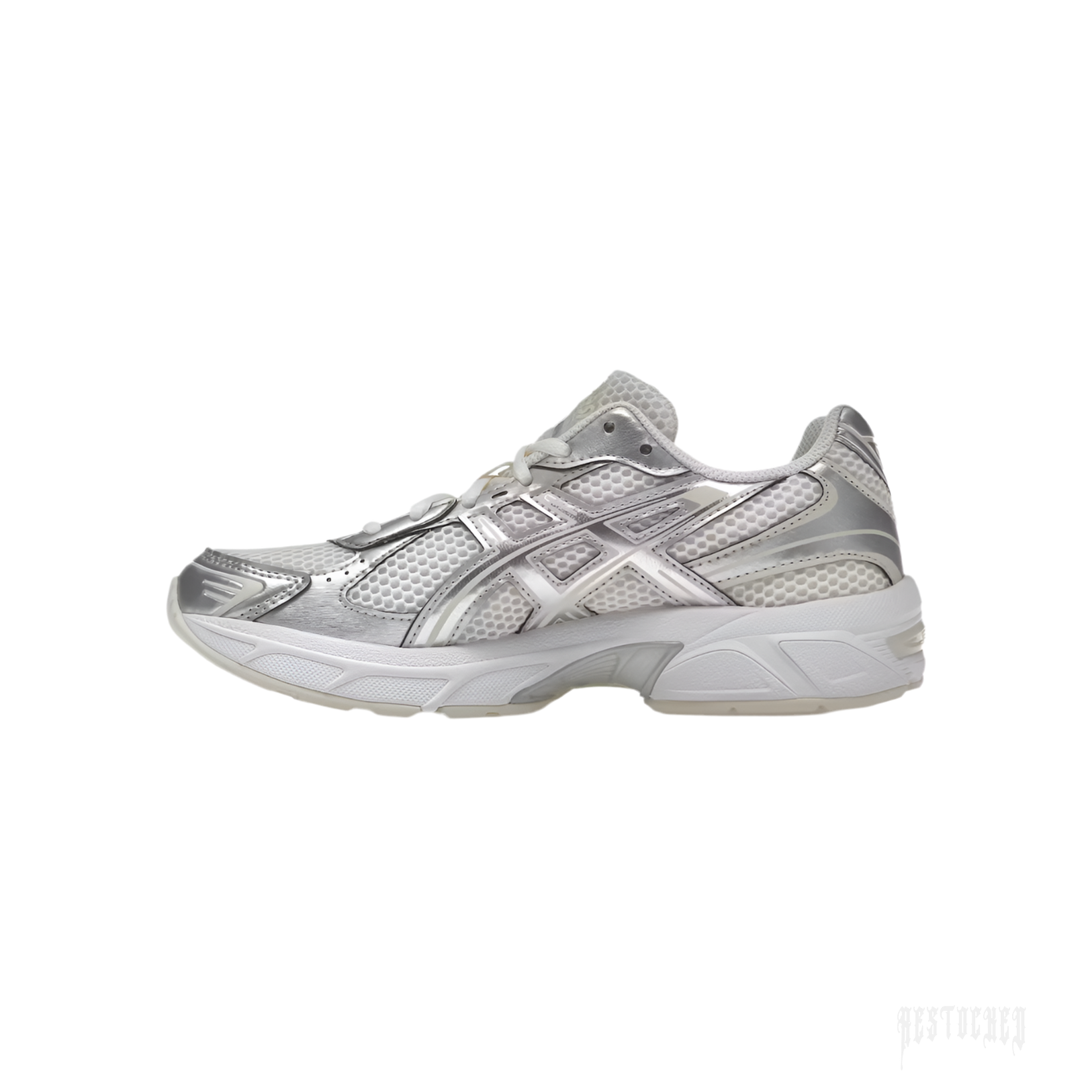 ASICS GEL-1130 women's sneaker in cream mesh with pure silver overlays and white sole.