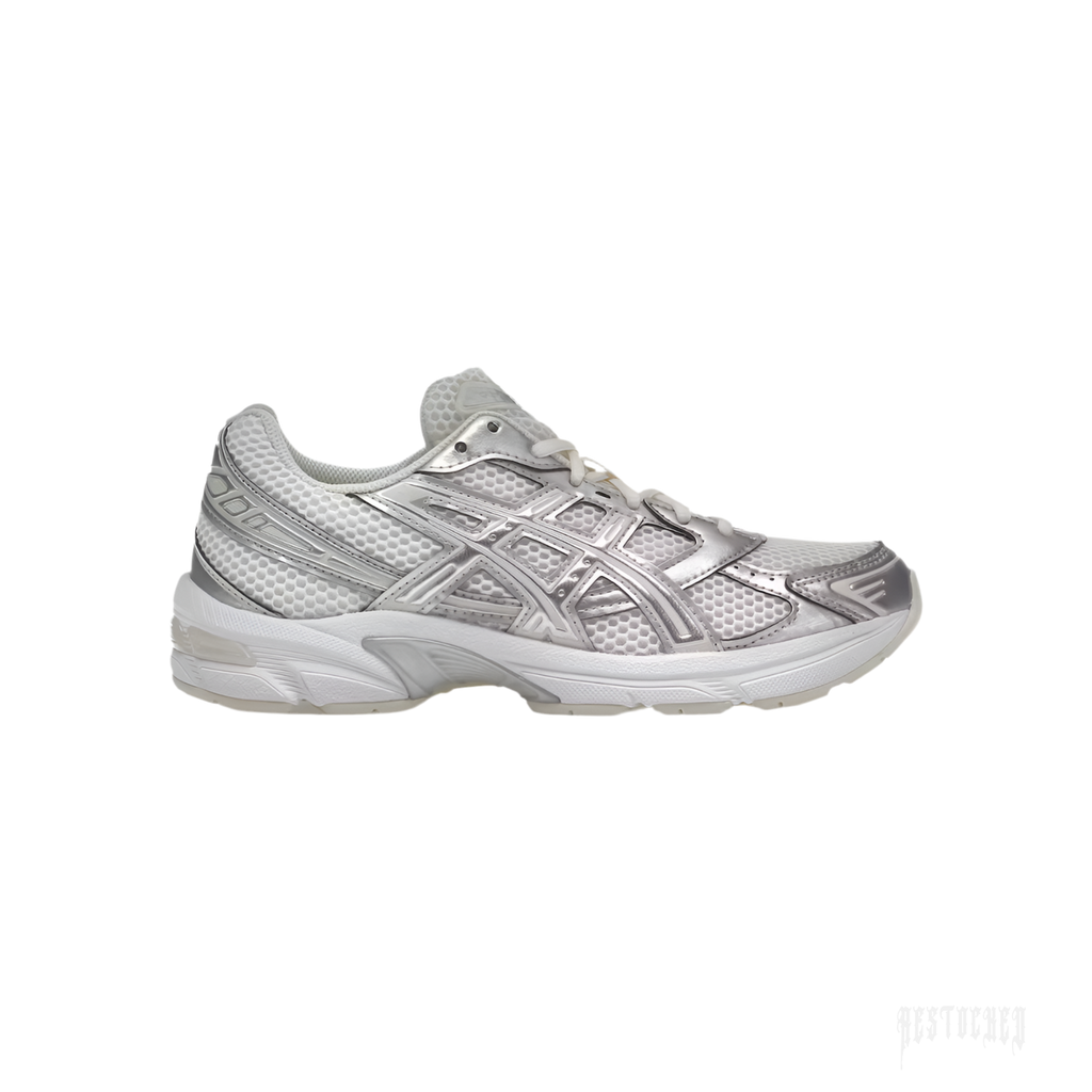 ASICS GEL-1130 women's sneaker in cream mesh with pure silver overlays and white sole.