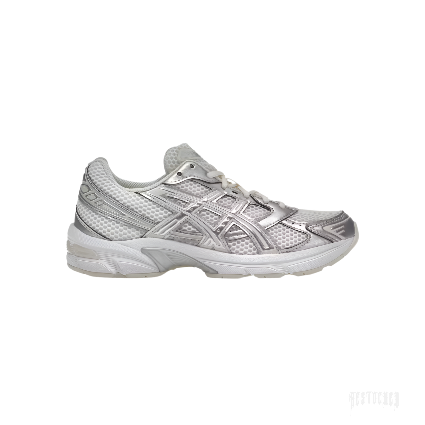 ASICS GEL-1130 women's sneaker in cream mesh with pure silver overlays and white sole.