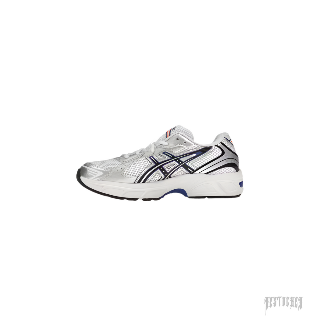 ASICS GEL-1130 GS sneaker in white mesh with metallic silver and Prussian Blue accents.