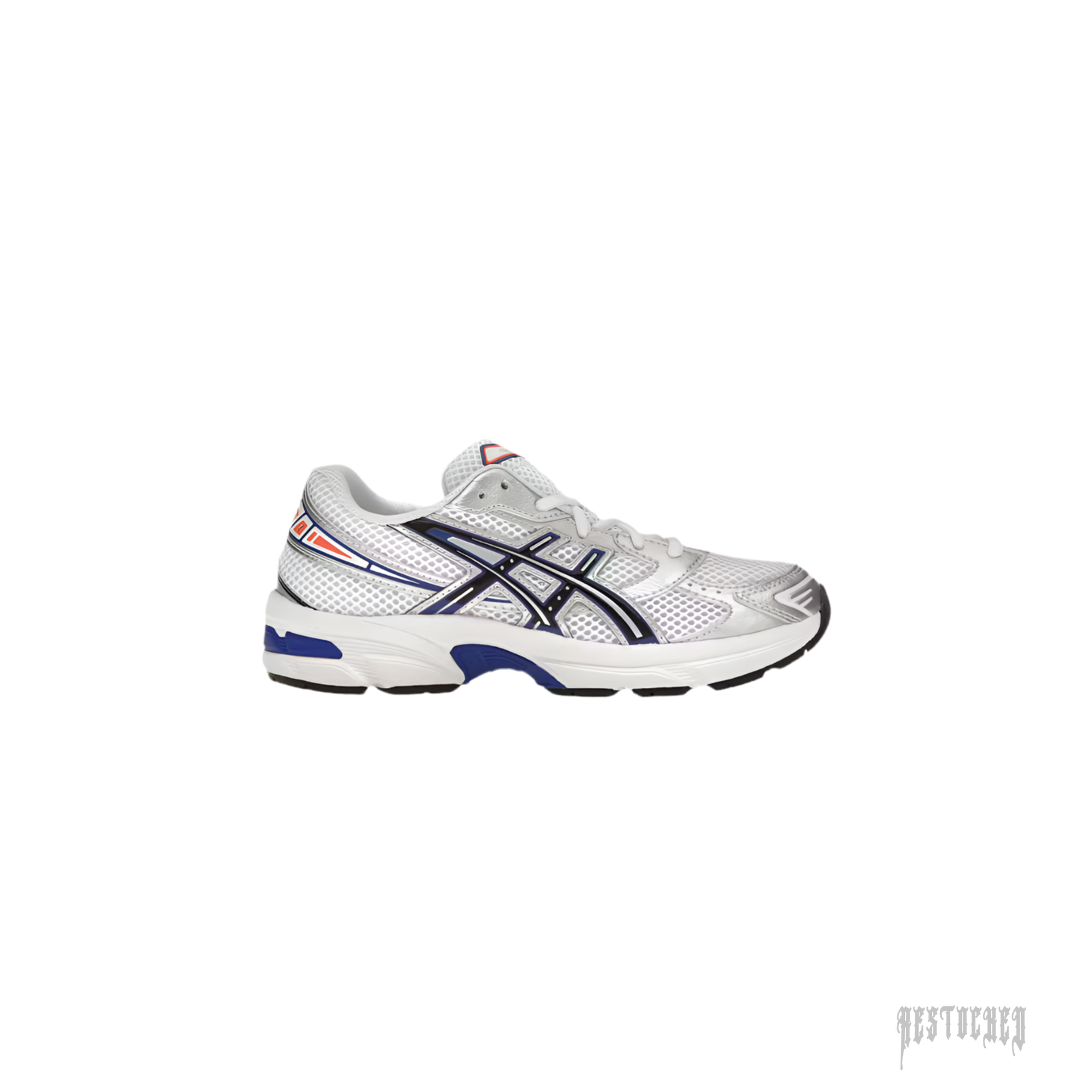 ASICS GEL-1130 Prussian Blue (GS) sneaker with white mesh, blue and black stripes, and red accents.
