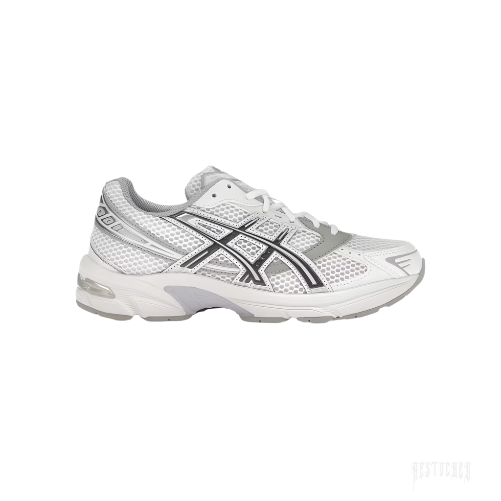 ASICS GEL-1130 white, carrier grey, and lilac women's sneaker with mesh and synthetic leather.