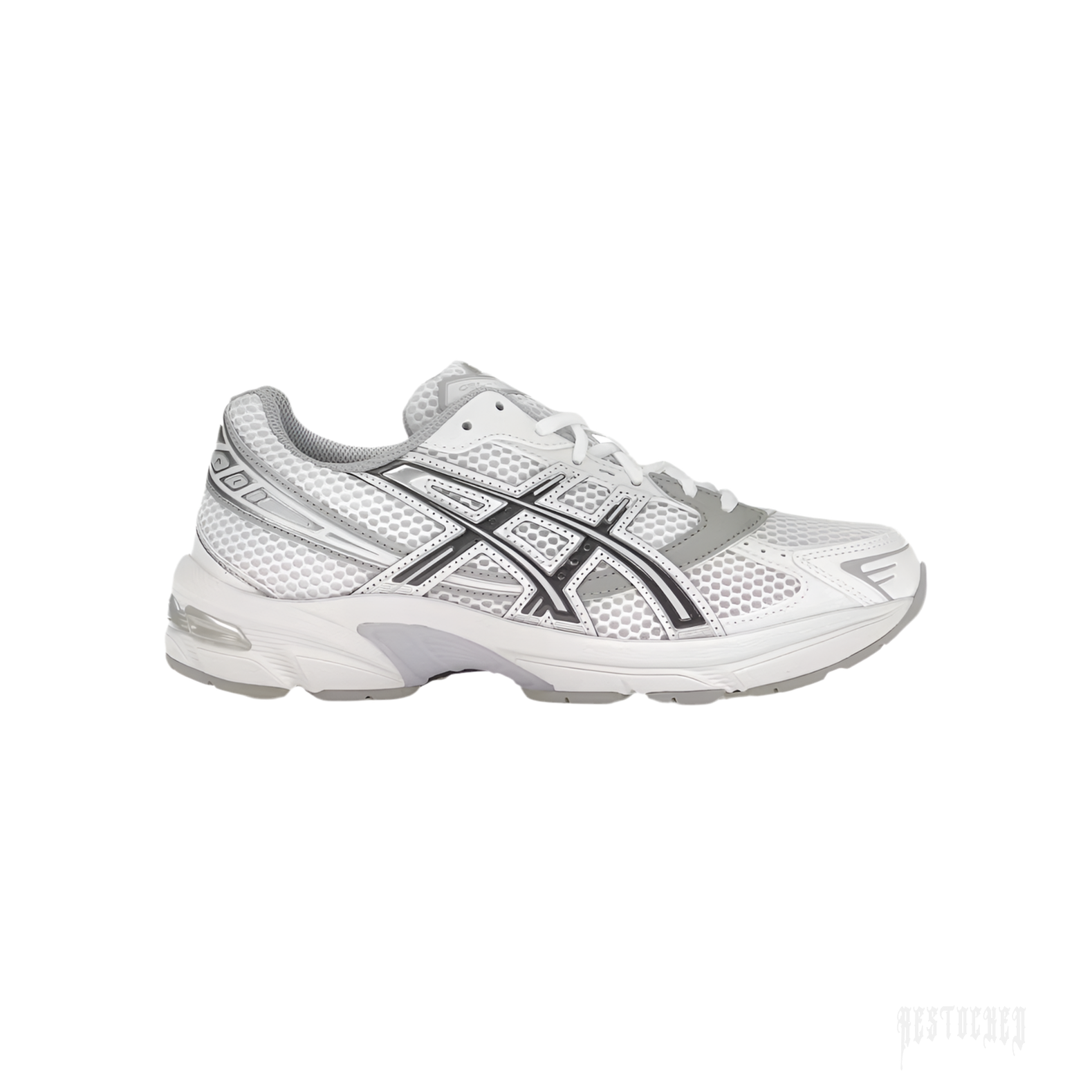 ASICS GEL-1130 white, carrier grey, and lilac women's sneaker with mesh and synthetic leather.