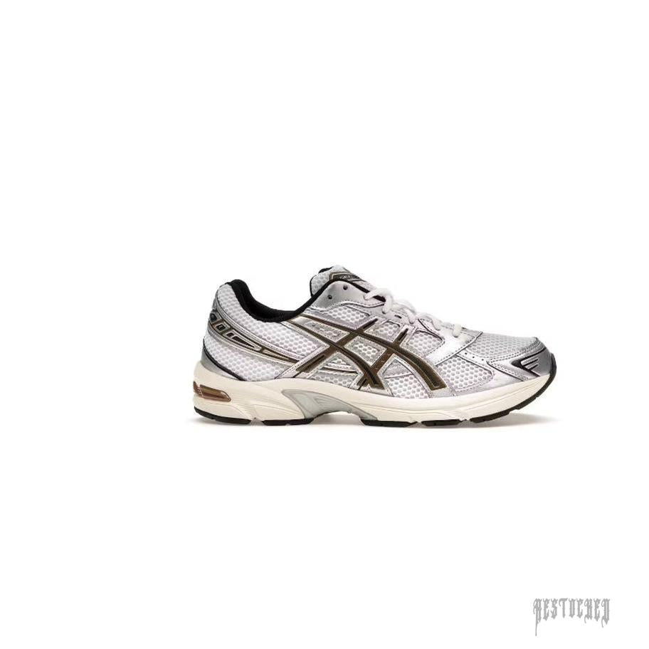 ASICS GEL 1130 WHITE CLAY CANYON sneaker with metallic silver and white mesh upper, black accents, and cream sole.