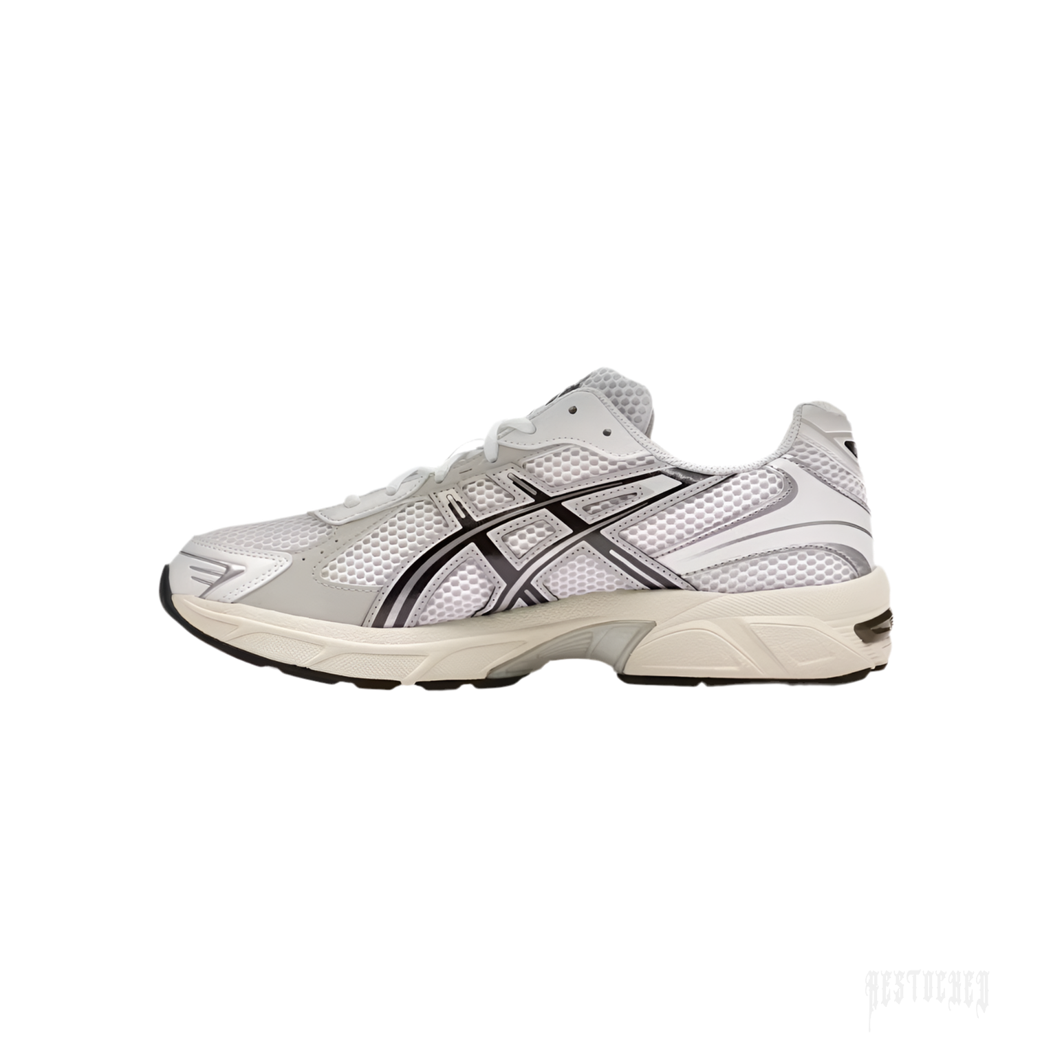 ASICS GEL-1130 "White Cloud Grey" women's sneaker, featuring white mesh, synthetic leather, and black ASICS stripes.