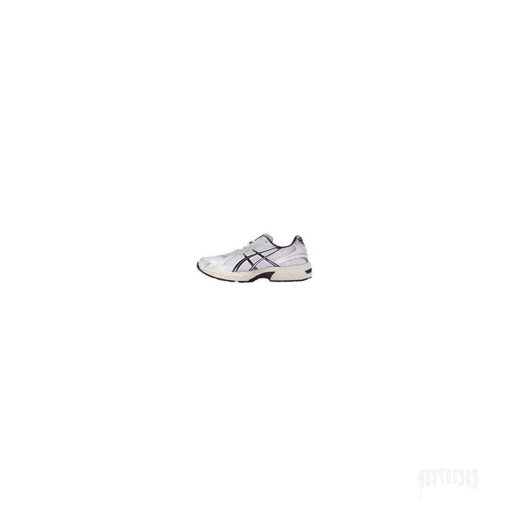 ASICS GEL-1130 women's sneaker in white mesh with deep plum stripes and accents, side view.
