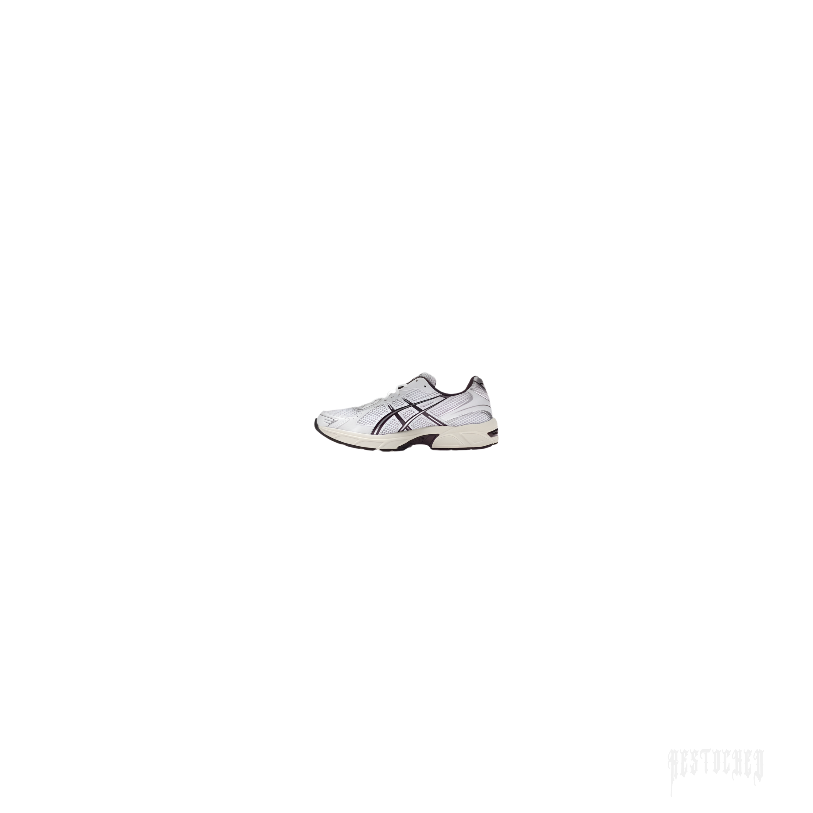 ASICS GEL-1130 women's sneaker in white mesh with deep plum stripes and accents, side view.