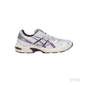 ASICS GEL-1130 women's sneaker in white mesh with metallic silver and deep plum accents.