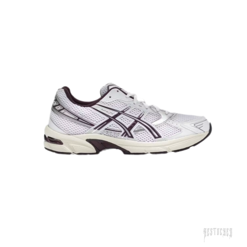 ASICS GEL-1130 women's sneaker in white mesh with metallic silver and deep plum accents.