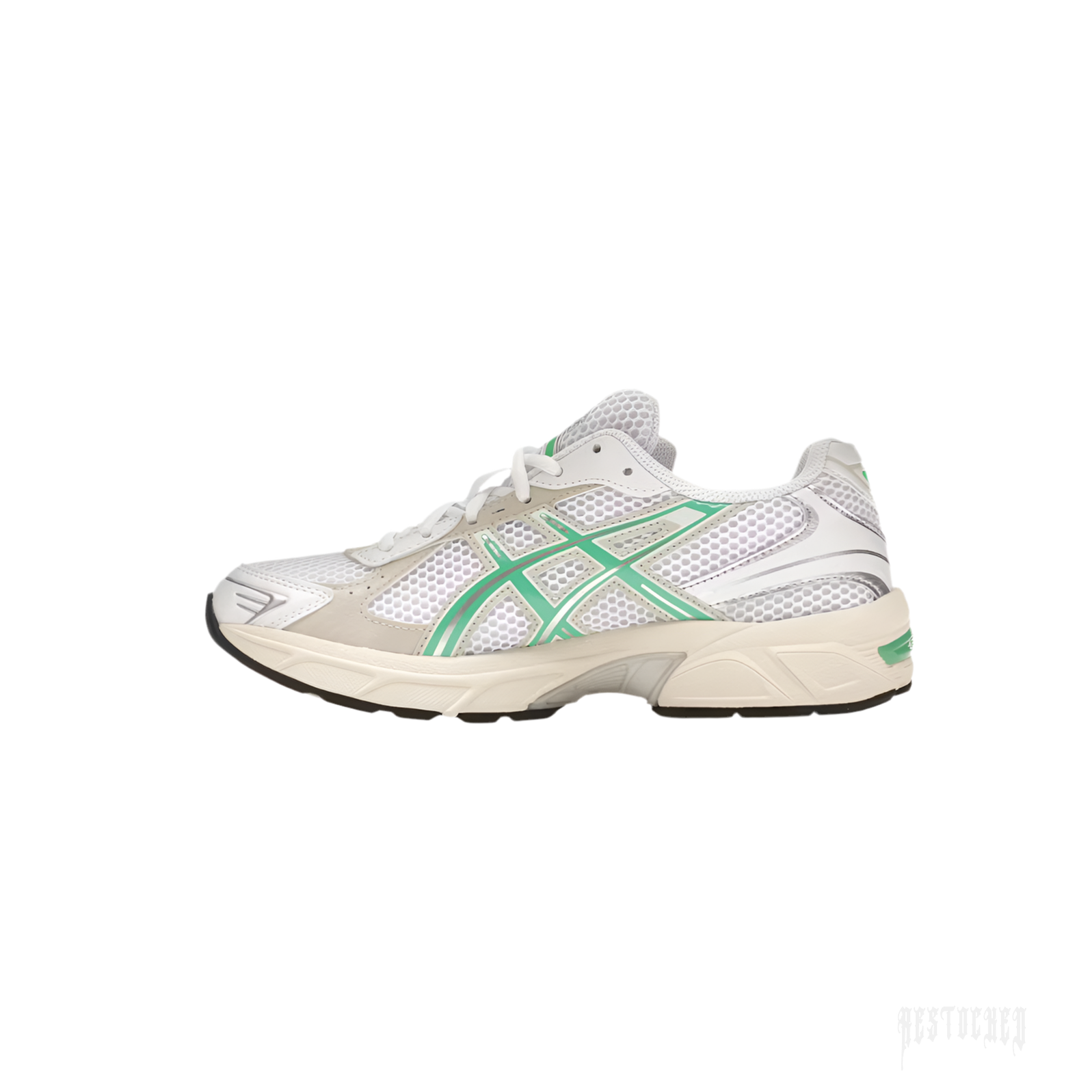 ASICS GEL-1130 women's sneaker with white mesh, Malachite Green accents, and an off-white midsole.