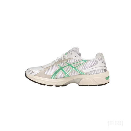 ASICS GEL-1130 women's sneaker with white mesh, Malachite Green accents, and an off-white midsole.