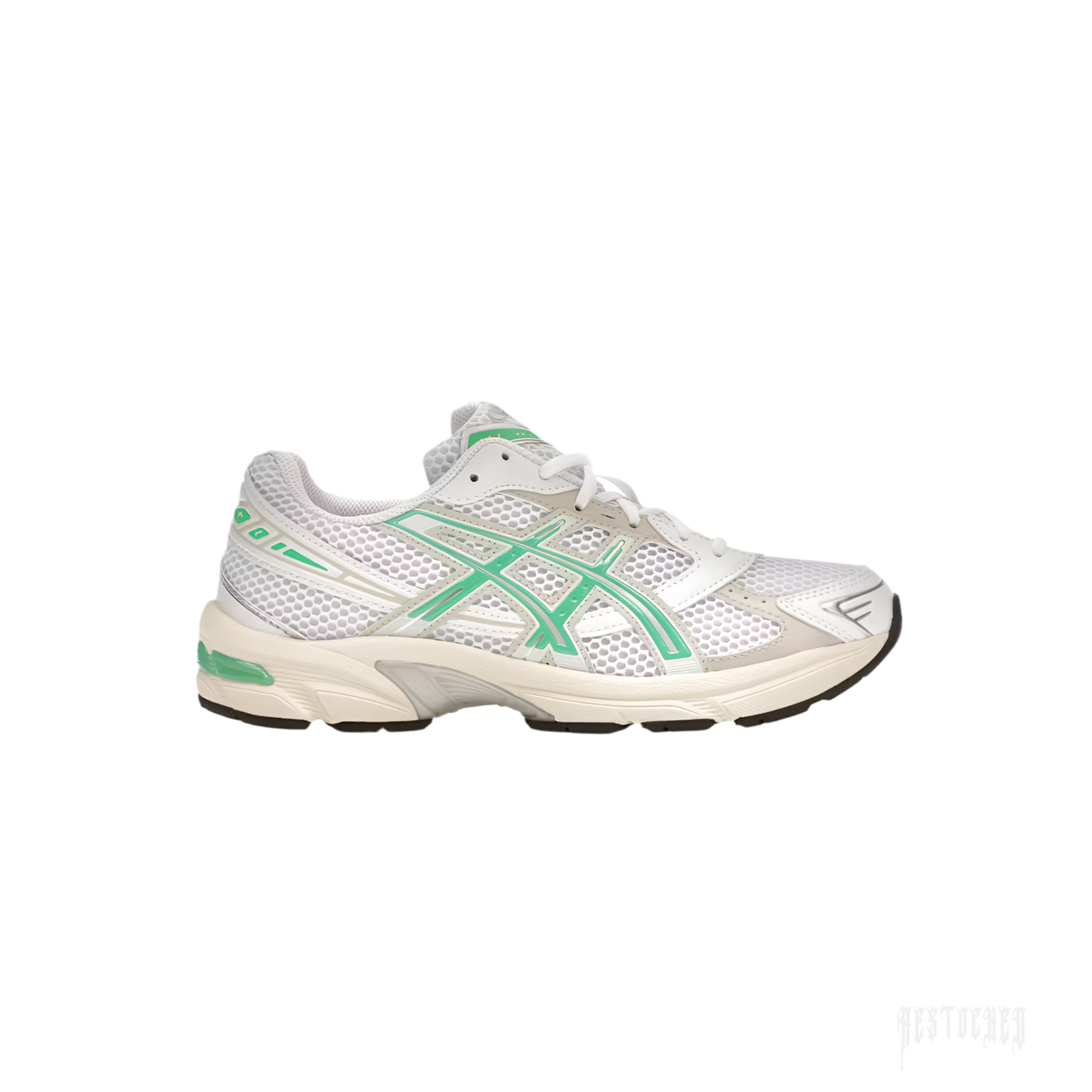 ASICS GEL-1130 women's sneaker with white mesh, Malachite Green accents, and off-white midsole.