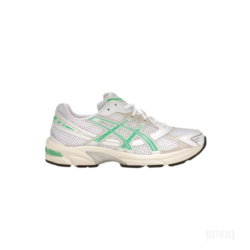ASICS GEL-1130 women's sneaker with white mesh, Malachite Green accents, and off-white midsole.