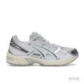 ASICS GEL 1130 sneaker in white mesh with silver and mint tint accents, black stripes, and a cream sole.