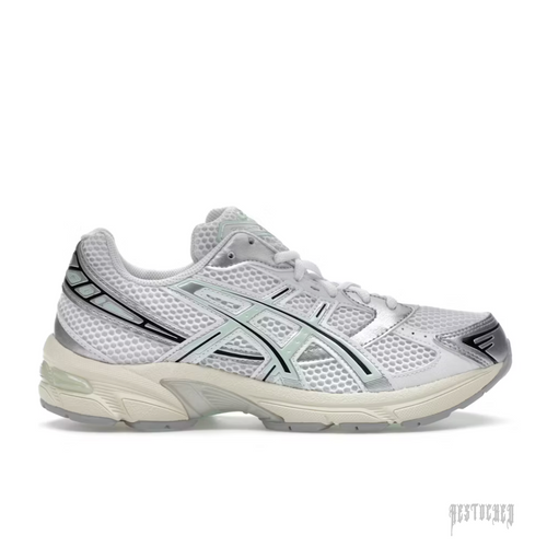 ASICS GEL 1130 sneaker in white mesh with silver and mint tint accents, black stripes, and a cream sole.