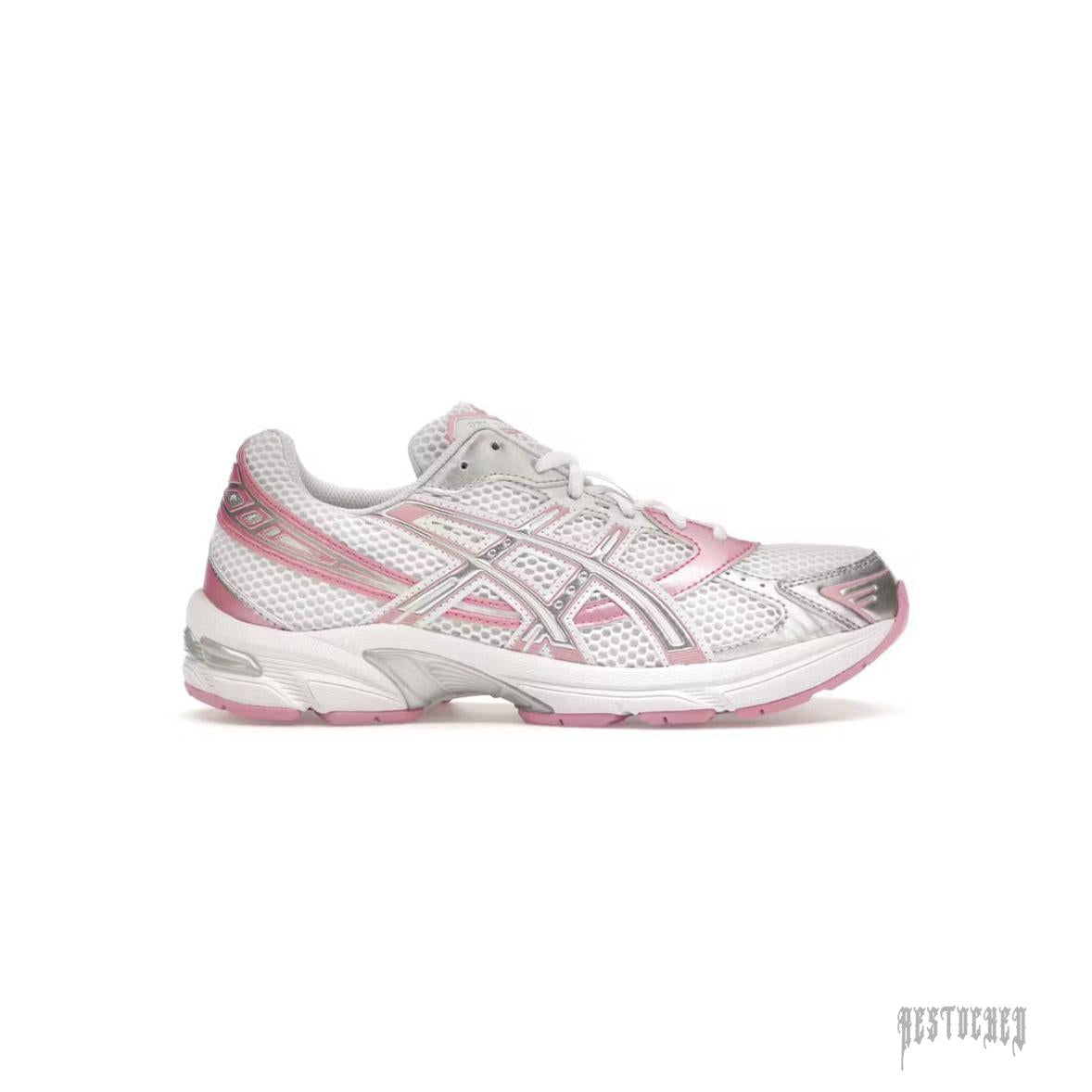 ASICS GEL-1130 women's running shoe in white mesh with pure silver and pink accents.