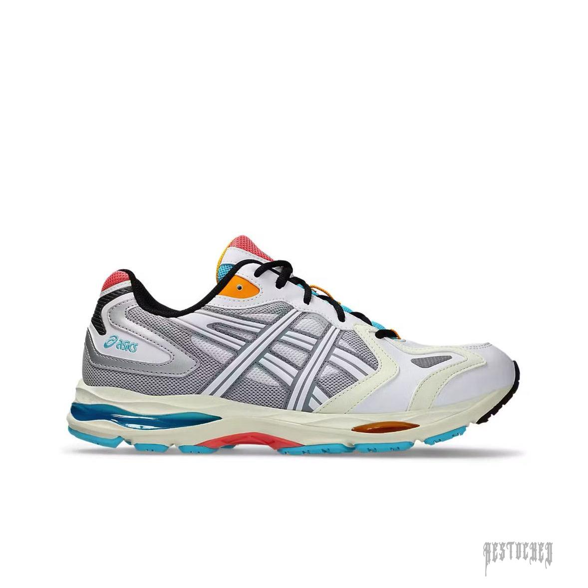 ASICS GEL-K1011 in white and pure silver with vibrant blue, orange, and red accents.