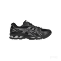 ASICS GEL-KAYANO 14 men's sneaker in black mesh with synthetic leather and metallic silver accents.