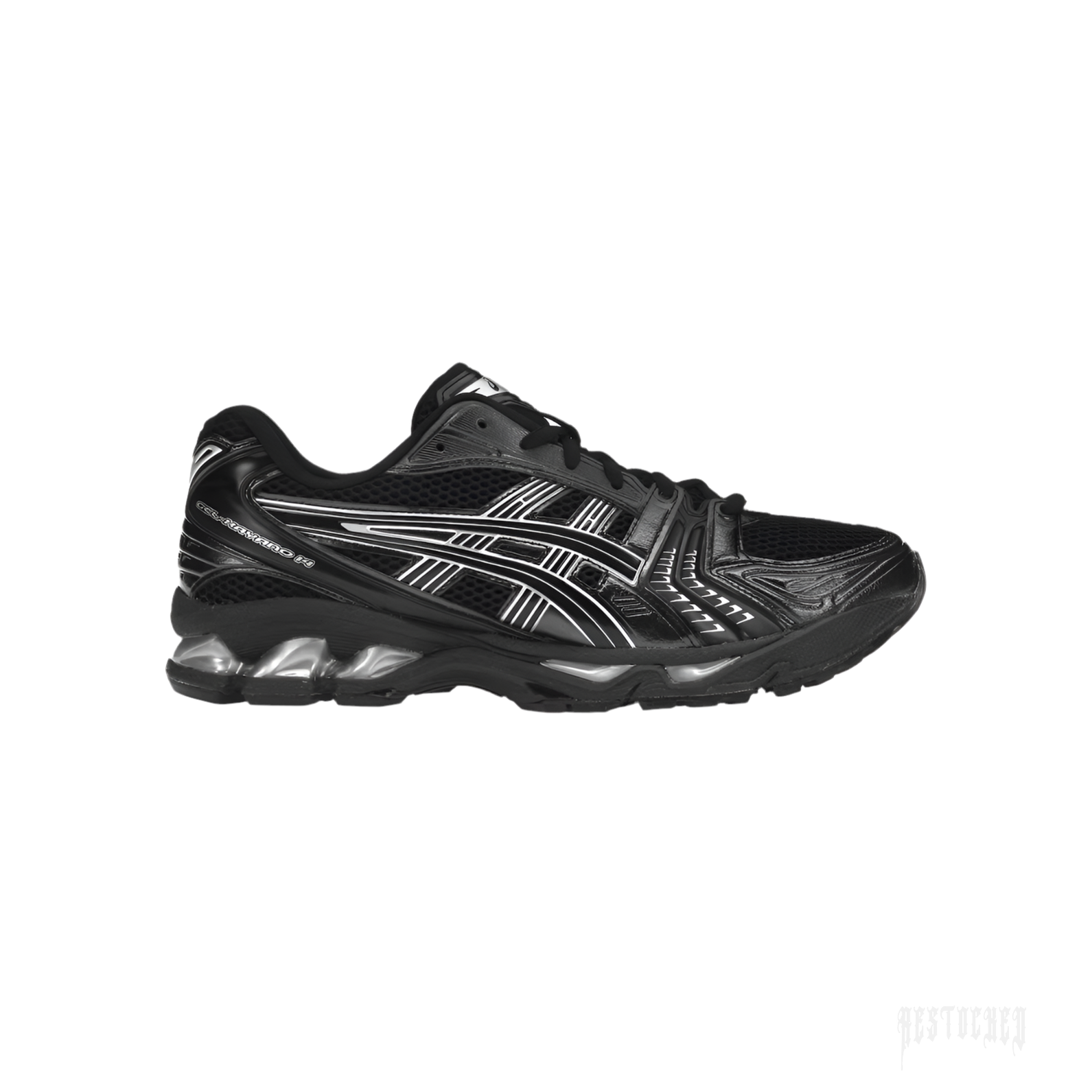ASICS GEL-KAYANO 14 men's sneaker in black mesh with synthetic leather and metallic silver accents.